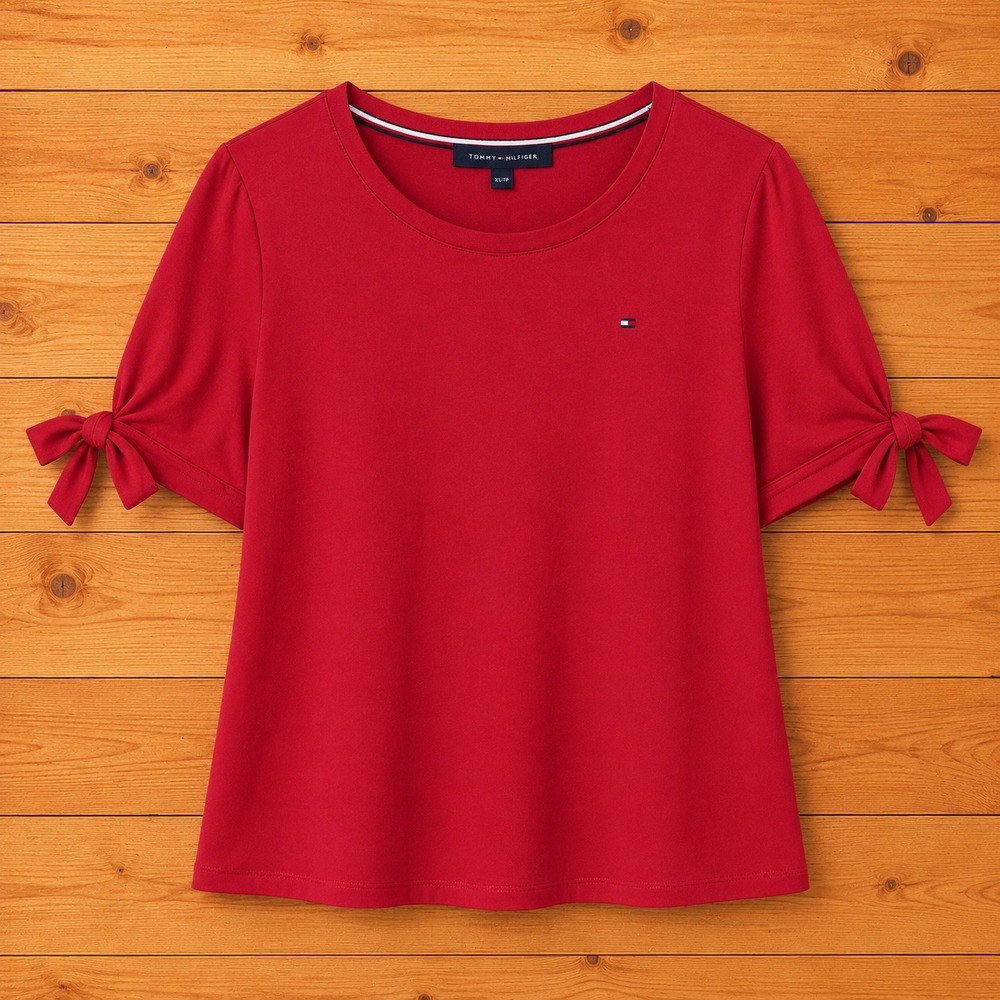 Tommy Hilfiger Womens Red Tie Sleeve Crew Neck Top Shirt J52H0244 Size L NEW